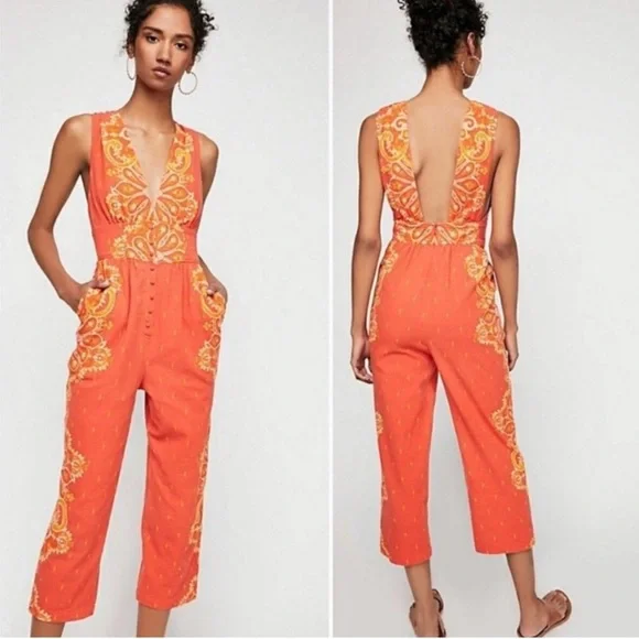 Free People Setting Sun orange sleeveless 100% cotton jumpsuit - Picture 11 of 13